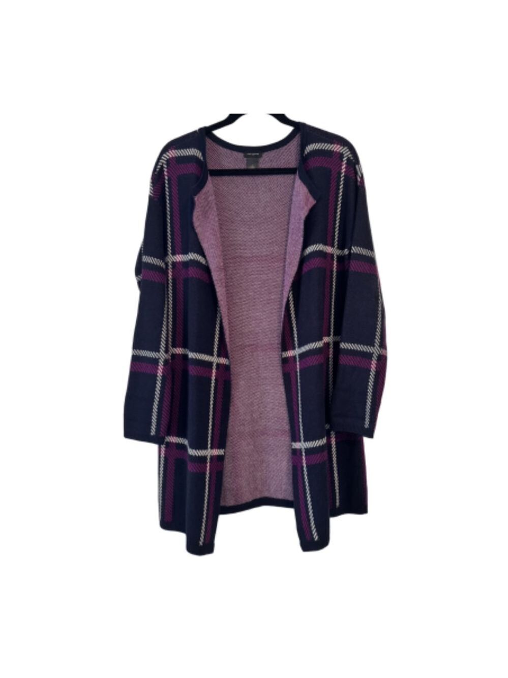 Ann Taylor Plaid Open Front Cardigan M Navy Magenta